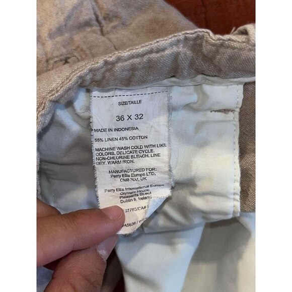 Perry Ellis Tan Linen-Blend Casual Drawstring&Button Fly Men's Pants Size 36x32 - Picture 12 of 12